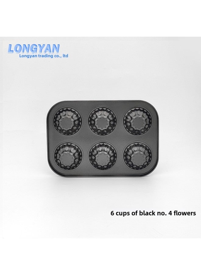 Cake Mold Non-stick 6-Piece 4-piece Cup Round Coated Baking Pan Flat Flower Donut Baking Pan Mold-Specifications:6 Cups Black No. 4 Flowers - Image 1