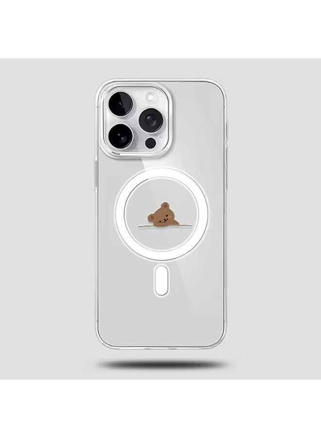 Temu Cute and simple bear sticker design iPhone case, shockproof and drop-resistant protective case, transparent magnetic phone cover that won't yellow, suitable for iPhone 16 Pro Max - Image 1