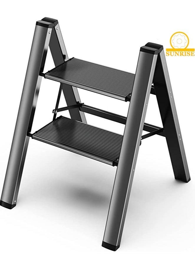 SUNRISE - 2 Steps Ladder Aluminum Folding Step Stool With Anti Slip Sturdy And Wide Pedal Light weight Portable Multi Use Stepladder For Home And Kitchen Use Space Saving - Image 1