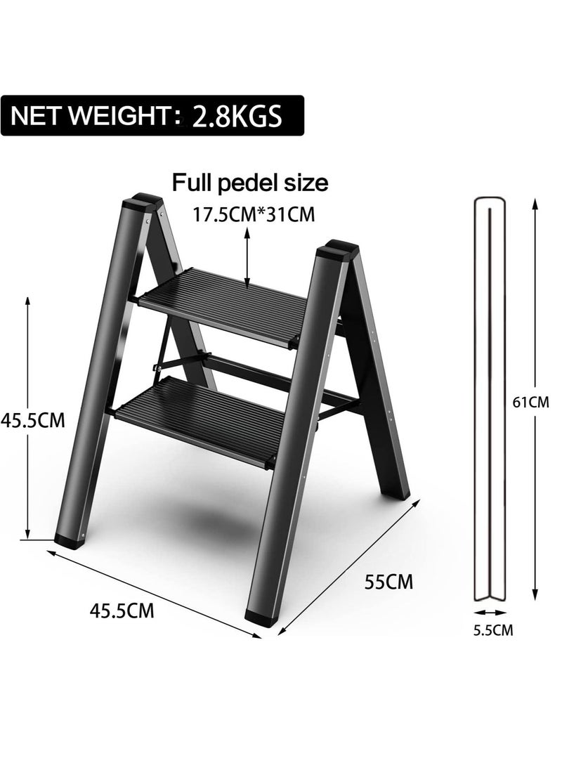 SUNRISE - 2 Steps Ladder Aluminum Folding Step Stool With Anti Slip Sturdy And Wide Pedal Light weight Portable Multi Use Stepladder For Home And Kitchen Use Space Saving - Image 1
