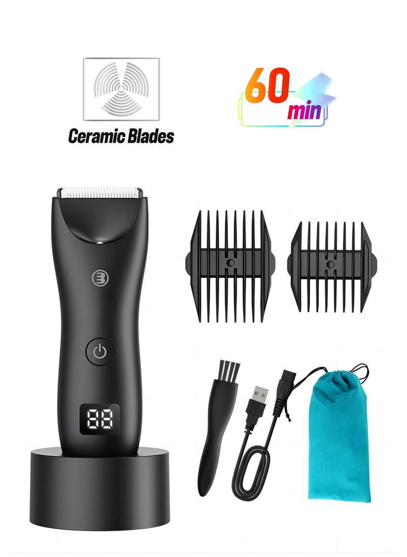SYOSI Electric Hair Clippers for Men, Waterproof Pubic Hair Trimmer with LED Display, Cordless Groin Body Hair Trimmer Kit, Professional Body Groomer and Beard Shaver with USB Recharge Dock(Black)  - Image 1