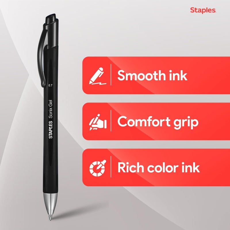 STAPLES Retractable Gel Pens, Medium Point 0.7mm, Black Ink, 12 Pack â€“ Sonix Crispâ€‘Line Gel Pens with Pocket Clip - Image 3