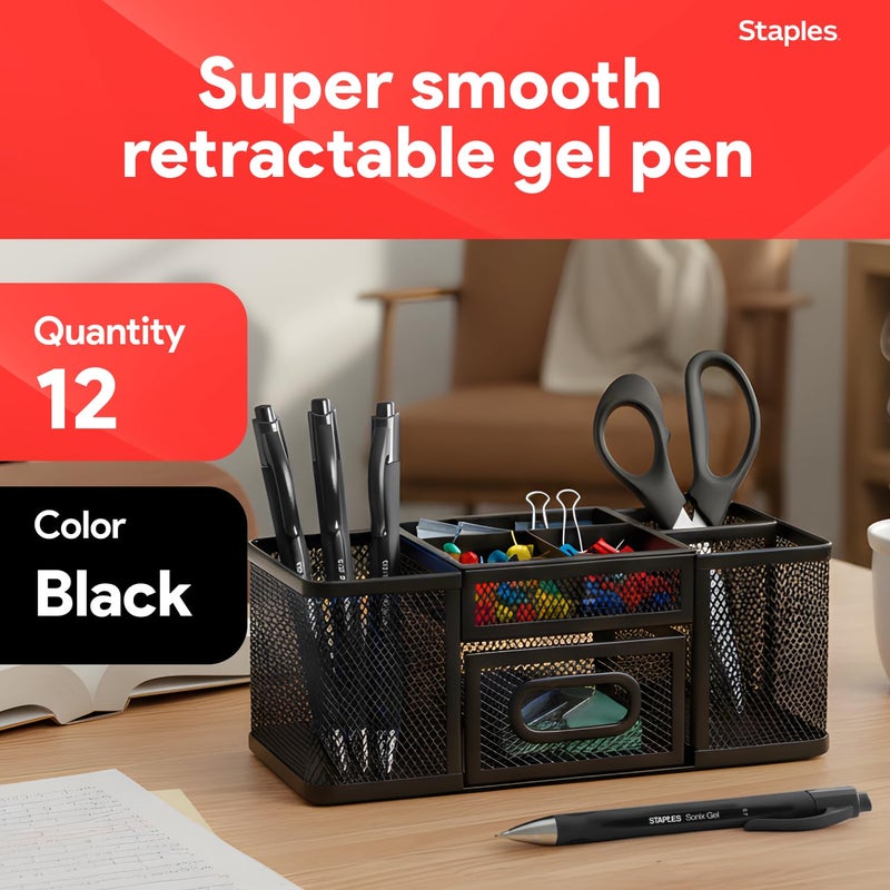 STAPLES Retractable Gel Pens, Medium Point 0.7mm, Black Ink, 12 Pack â€“ Sonix Crispâ€‘Line Gel Pens with Pocket Clip - Image 2