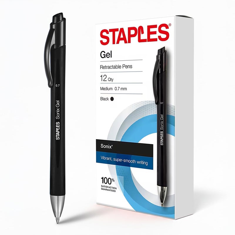 STAPLES Retractable Gel Pens, Medium Point 0.7mm, Black Ink, 12 Pack â€“ Sonix Crispâ€‘Line Gel Pens with Pocket Clip - Image 1