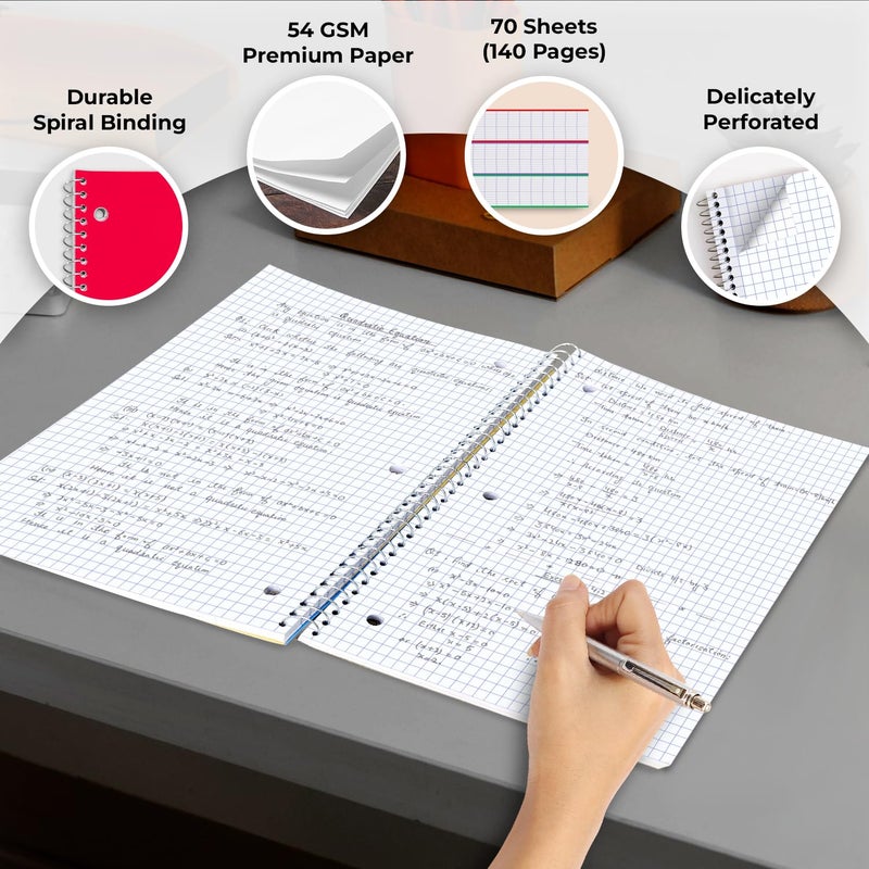 Rosmonde 1 Subject Graph Paper Spiral Notebook, 12 Pack, 70 Sheets (140 Pages), 8 x 10-1/2" Bulk 4x4 Spiral Bound Grid Notebooks, 3 Hole Punched Single Subject Quad Ruled Spiral Notebooks for School - Image 2