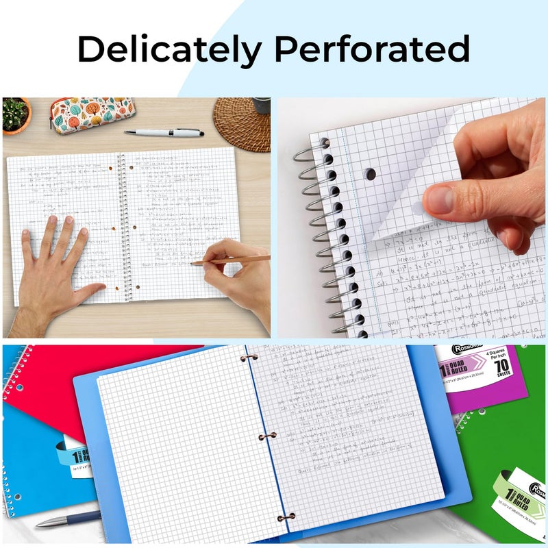 Rosmonde 1 Subject Graph Paper Spiral Notebook, 12 Pack, 70 Sheets (140 Pages), 8 x 10-1/2" Bulk 4x4 Spiral Bound Grid Notebooks, 3 Hole Punched Single Subject Quad Ruled Spiral Notebooks for School - Image 4