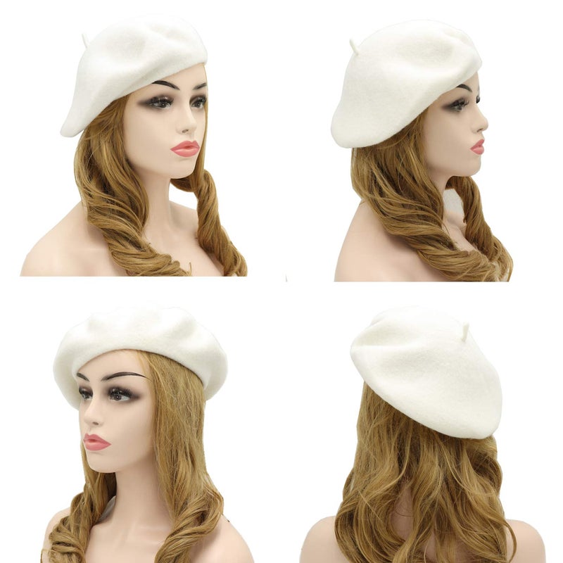 Wheebo Wool Beret Hat,Solid Color French Style Winter Warm Cap for Women Girls Lady (White) - Image 3