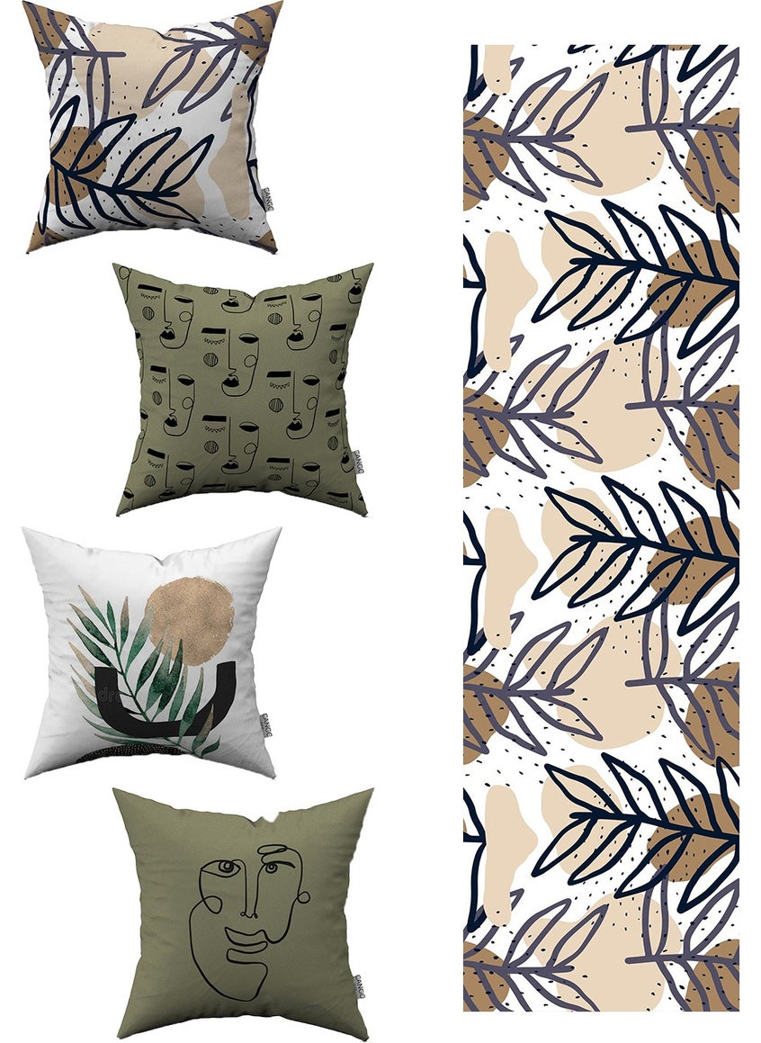 Cango Home - Green Cream Abstract Decorative Patterned 4-Piece Throw Pillow Case 1 Runner Set 4KMBS053-RS - Image 1