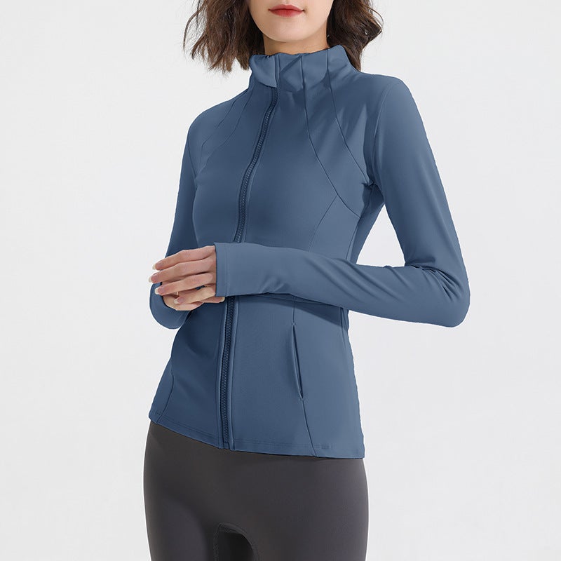Generic Womens Zippered Fleece Yoga Jacket Breathable Quick-dry Fitness Sports Coat Autumn Winter Dark Blue (thin 314) 