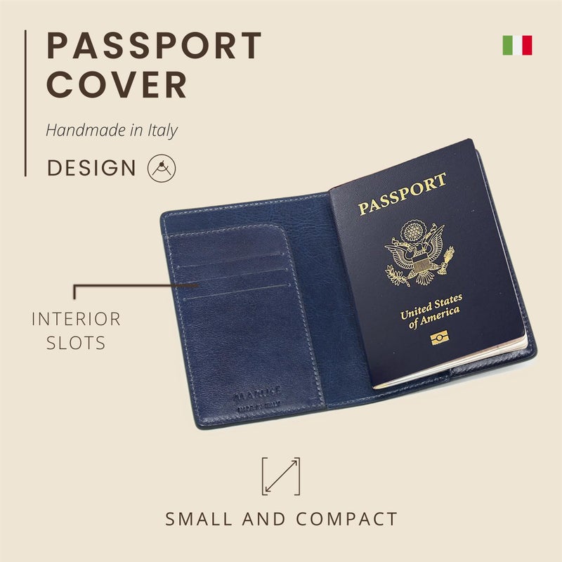 Maruse Italian Leather Passport Cover for Men and Women, Handmade in Italy, Navy Blue - Image 3
