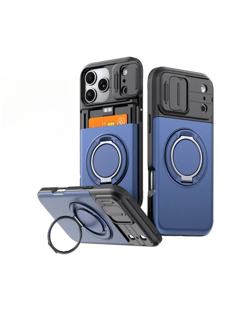 Shockproof iPhone 16pro  Case with Sliding Camera Cover, Hidden Card Slot & 360° Rotating Ring Holder