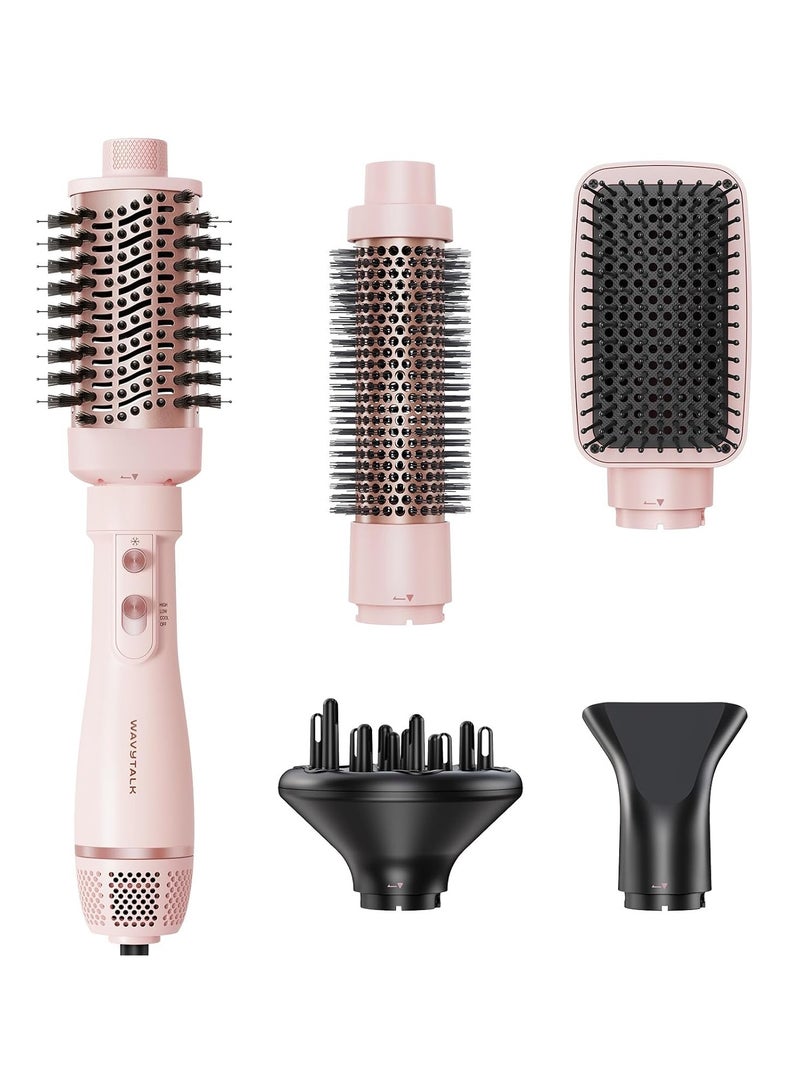 Hair Dryer Brush Kit, 5 In 1 Blow Dryer Brush With Oval Blowout Brush, Blowout Thermal Brush, Paddle Brush, Concentrator And Diffuser For Fast Drying And Styling In One Step, Pink
