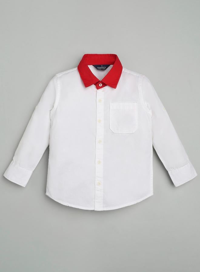 Infinity Kids White Cotton Shirt with Red Collar - Image 1
