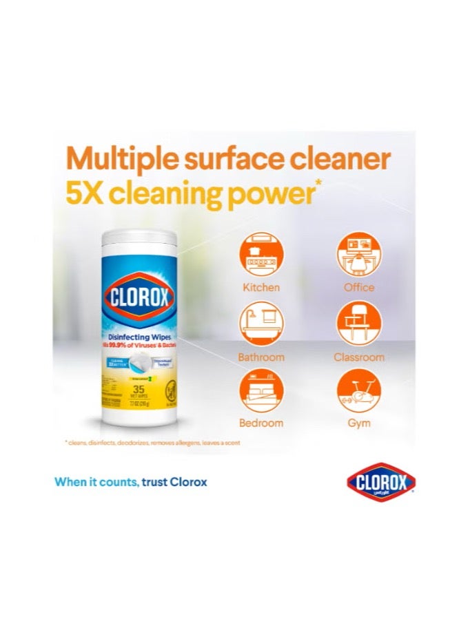 كلوركس مناديل تنظيف مبللة برائحة الليمون النقي ، مناديل تنظيف متعددة الأسطح وخالية من المبيضات 35 منديل مبلل - Image 3