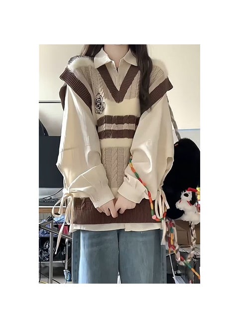 Academia Style Furry Embroidered Knitted Vest Top Sweater Women Student Plus Apricot Shirt Two-Piece/Set Breathable Comfortable Apricot shirt + badge vest two-piece set
