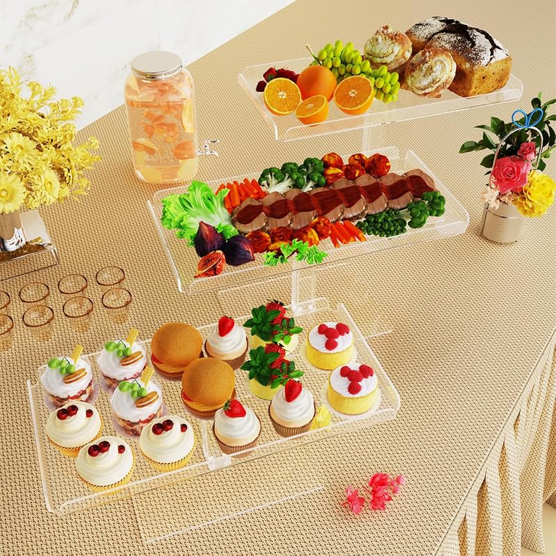 BEST MEDIA 3 Tier Acrylic Serving Tray, Display Stand for Fruits Cupcakes, Catering and Buffet Table Presentations, Reusable Tiered Platters, Clear - Rectangle-Bottom Disconnect - 35L x 18W cm