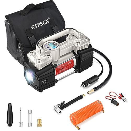 GSPSCN Portable Digital Car Tire Inflator with Gauge 150Psi Auto Shut-Off, Heavy Duty Double Cylinders 12V Air Compressor Pump with LED Light for Auto,Truck,Car,Bicycles,RV,SUV,Balls etc. Silver - Image 1