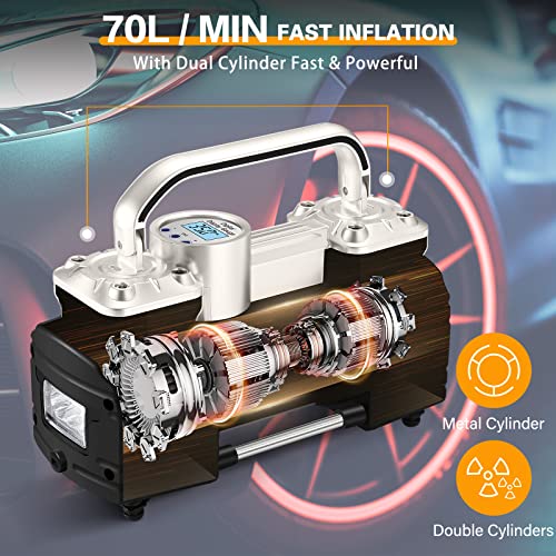 GSPSCN Portable Digital Car Tire Inflator with Gauge 150Psi Auto Shut-Off, Heavy Duty Double Cylinders 12V Air Compressor Pump with LED Light for Auto,Truck,Car,Bicycles,RV,SUV,Balls etc. Silver - Image 4