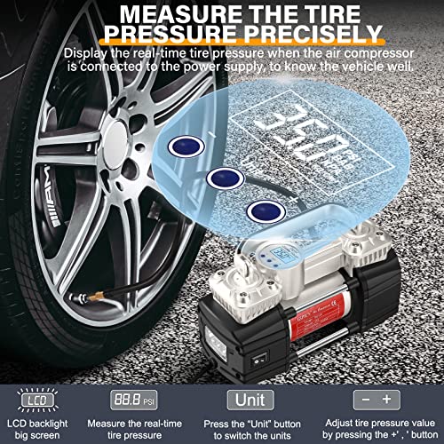 GSPSCN Portable Digital Car Tire Inflator with Gauge 150Psi Auto Shut-Off, Heavy Duty Double Cylinders 12V Air Compressor Pump with LED Light for Auto,Truck,Car,Bicycles,RV,SUV,Balls etc. Silver - Image 3