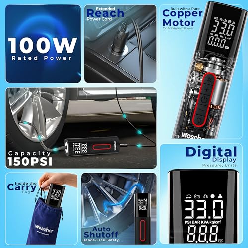 Woscher Tallboy Wired Digital Tyre Inflator for Car & Bike | 150 PSI Air Compressor | Auto Shut-Off | Digital Display | LED Light | 12V DC Portable Air Pump | Tyre Inflator Kit - Image 2