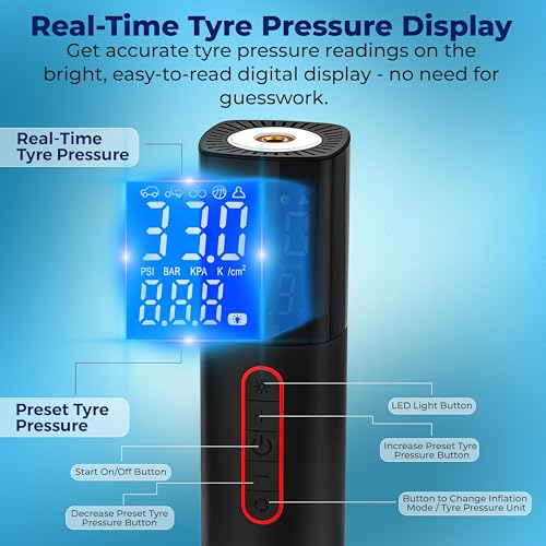 Woscher Tallboy Wired Digital Tyre Inflator for Car & Bike | 150 PSI Air Compressor | Auto Shut-Off | Digital Display | LED Light | 12V DC Portable Air Pump | Tyre Inflator Kit - Image 4