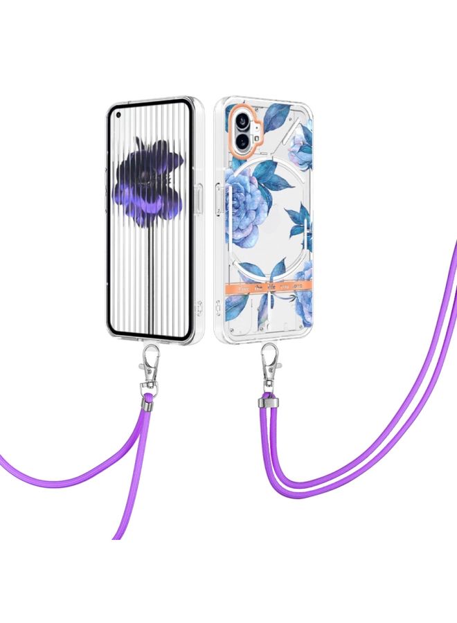 Case Cover For Nothing Phone 1 Flowers Series TPU Phone Case with Lanyard Blue Peony