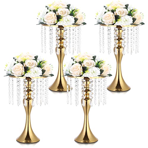 Rozrety 4 Pcs Gold Vases for Centerpieces, 13.5 inch Tall Crystal Flower Stand Wedding Centerpieces for Tables Decorative Metal Flower Vase for Party Anniversary Ceremony Birthday Event Home Decor - Image 1