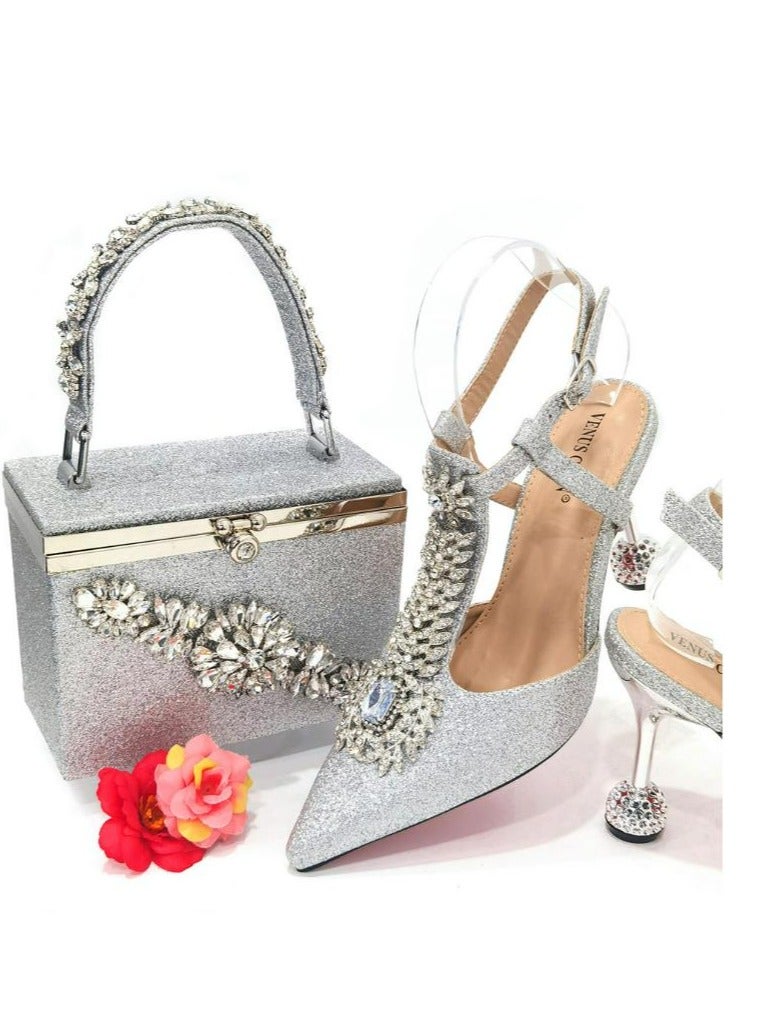 Fine Heeled Pointed Rhinestone High-Heeled Sandals 9cm+Square Rhinestone Handbag  - Image 1