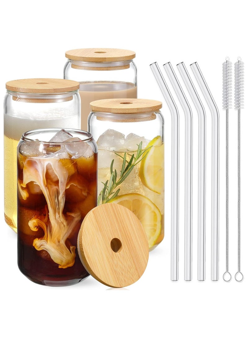 Glasses with Bamboo Lids and Glass Straw 4pcs Set - 16oz Can Shaped Glass Cups, Mocktail Glasses, Iced Coffee Glasses, Cute Tumbler Cup, Ideal for Cocktail,Gift - 2 Cleaning Brushes  - Image 1
