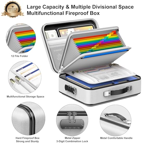 COLCASE صندوق مستندات مقاوم للحريق من كولكيس، صندوق تنظيم ملفات مقاوم للحريق مع قفل، تصميم صلب مقاوم للحريق وماء، صندوق آمن للمستندات المهمة والشهادات واللابتوب وجوازات السفر باللون الرمادي - Image 4