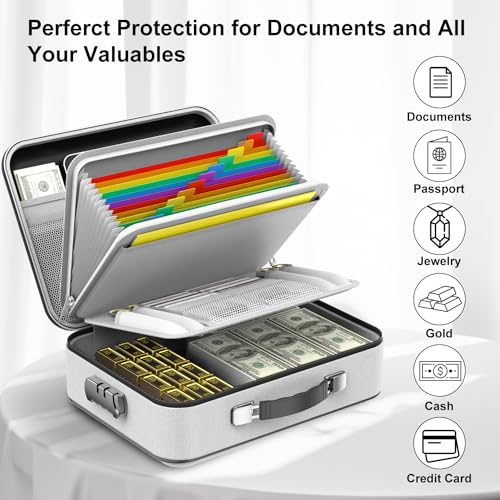 COLCASE صندوق مستندات مقاوم للحريق من كولكيس، صندوق تنظيم ملفات مقاوم للحريق مع قفل، تصميم صلب مقاوم للحريق وماء، صندوق آمن للمستندات المهمة والشهادات واللابتوب وجوازات السفر باللون الرمادي - Image 5