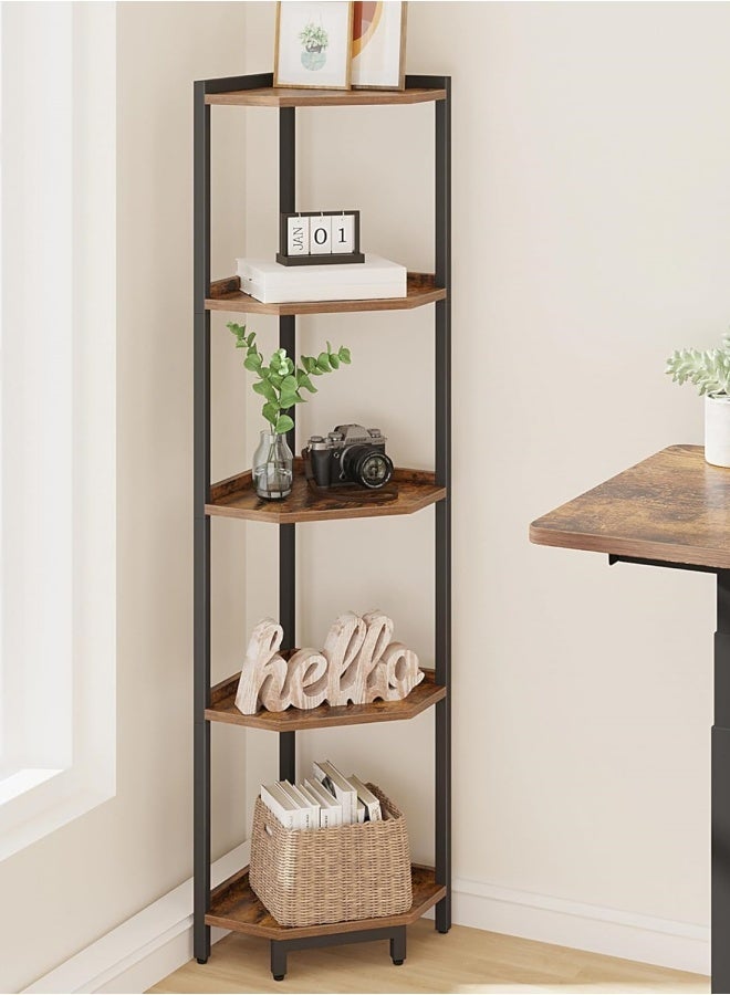 TAKHTEELA 5Tier Corner Shelf Stand Industrial Corner Bookshelf With Metal Frame Plant Corner Display Shelf Corner Bookcase For Bedroom Living Room Rustic Brown - Image 2