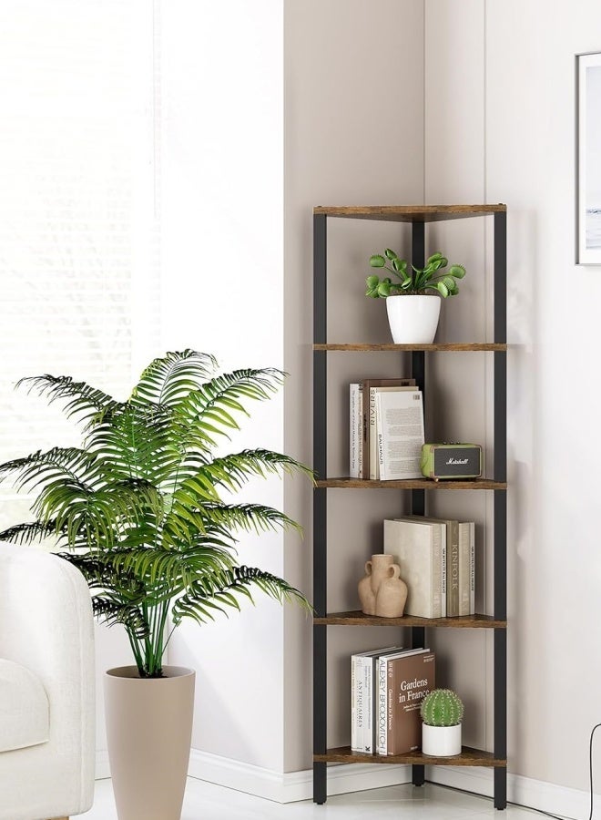 TAKHTEELA 5Tier Corner Shelf Stand Industrial Corner Bookshelf With Metal Frame Plant Corner Display Shelf Corner Bookcase For Bedroom Living Room Rustic Brown - Image 4
