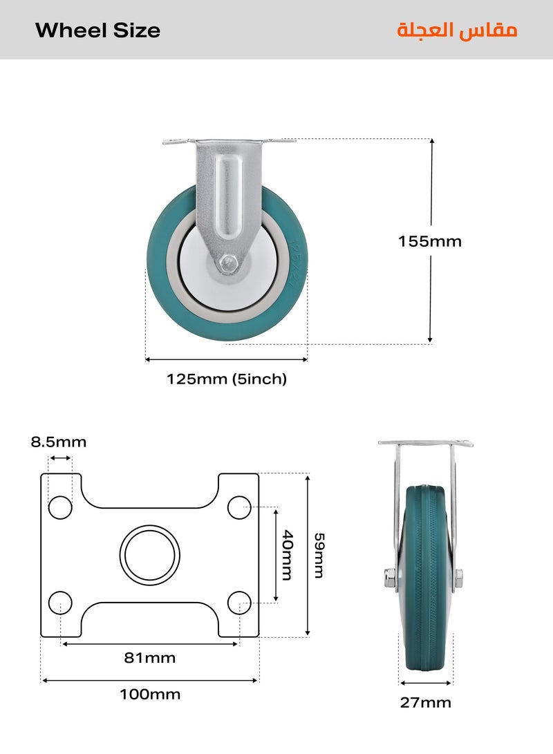 BMB TOOLS 125mm Caster Wheels Set of 4 Heavy Duty, Rigid Casters Top Plate Fitting, Non Marking Grey Rubber Fixed Caster Wheels for Cart Furniture Industrial Use - Image 2