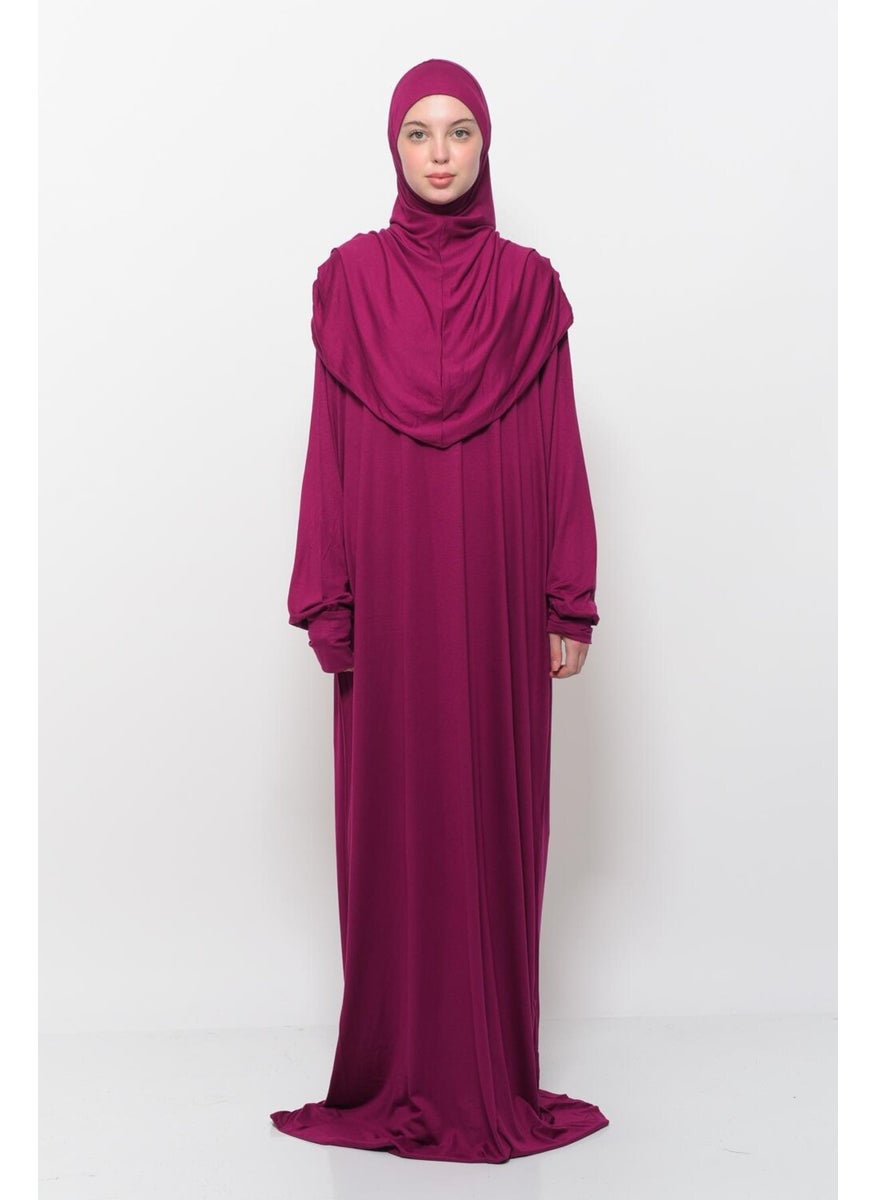 Altobeh Practical One Piece Cotton Bat Sleeves Removable Organic Hijab Prayer Dress with Headscarf - Dark Fuchsia  - Image 1