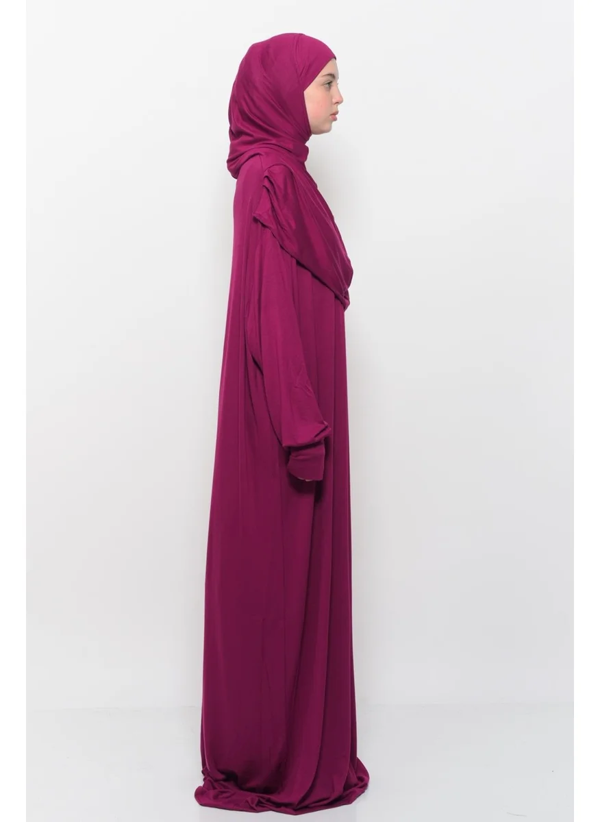 التوبة Practical One Piece Cotton Bat Sleeves Removable Organic Hijab Prayer Dress with Headscarf - Dark Fuchsia