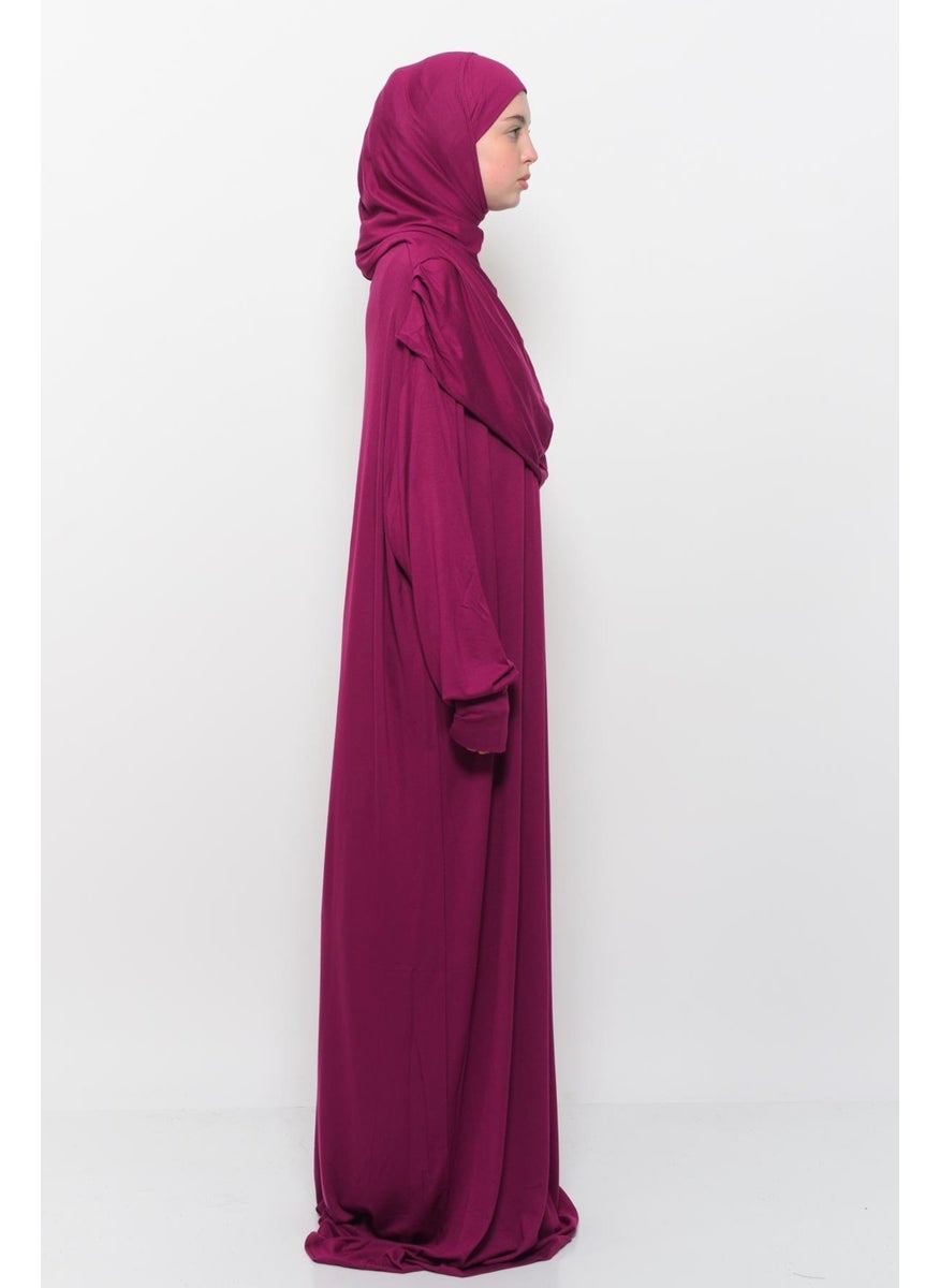Altobeh Practical One Piece Cotton Bat Sleeves Removable Organic Hijab Prayer Dress with Headscarf - Dark Fuchsia  - Image 2