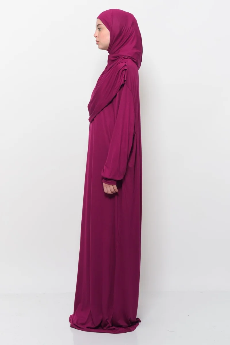 التوبة Practical One Piece Cotton Bat Sleeves Removable Organic Hijab Prayer Dress with Headscarf - Dark Fuchsia