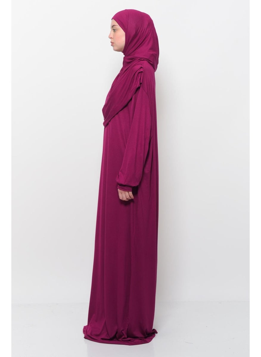 Altobeh Practical One Piece Cotton Bat Sleeves Removable Organic Hijab Prayer Dress with Headscarf - Dark Fuchsia  - Image 3
