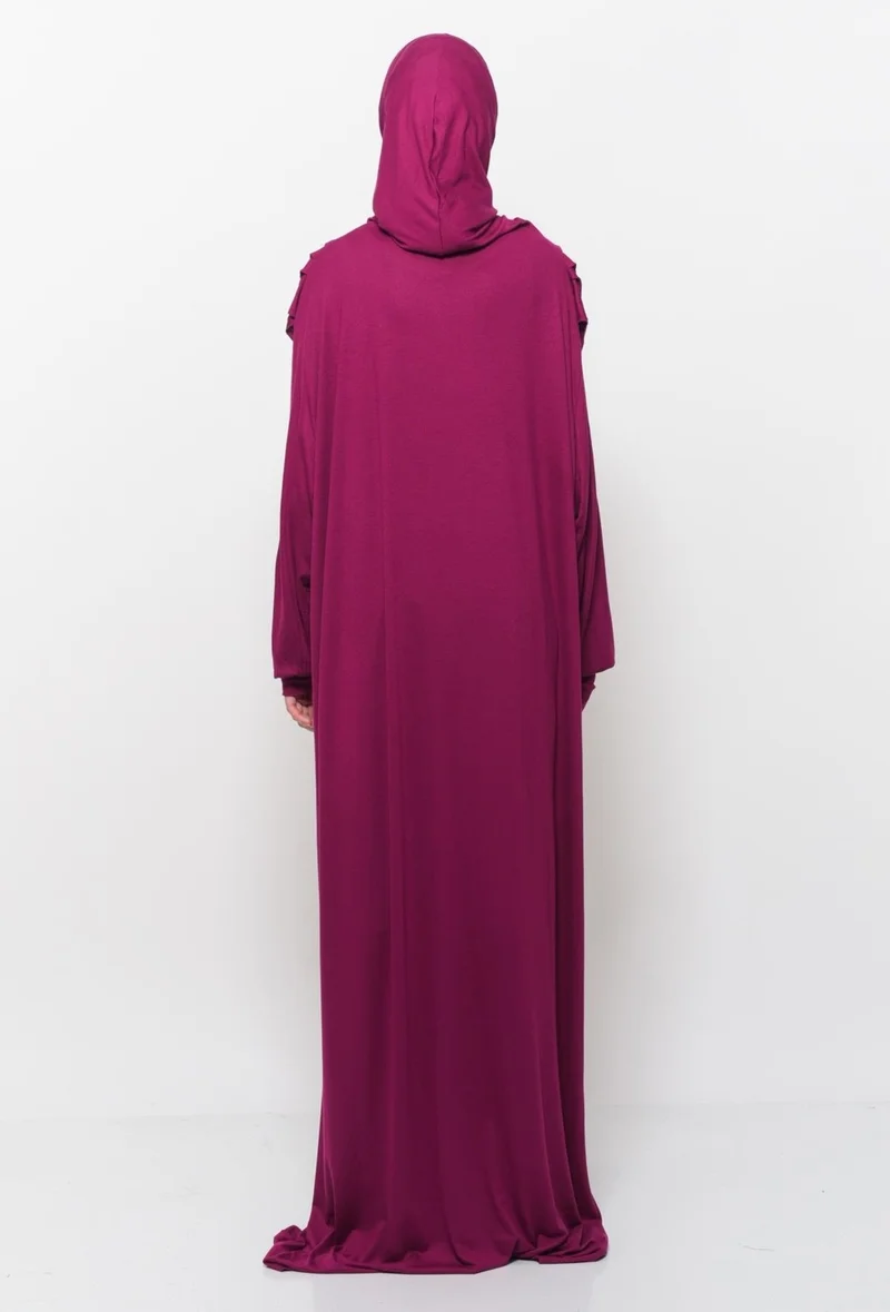 التوبة Practical One Piece Cotton Bat Sleeves Removable Organic Hijab Prayer Dress with Headscarf - Dark Fuchsia