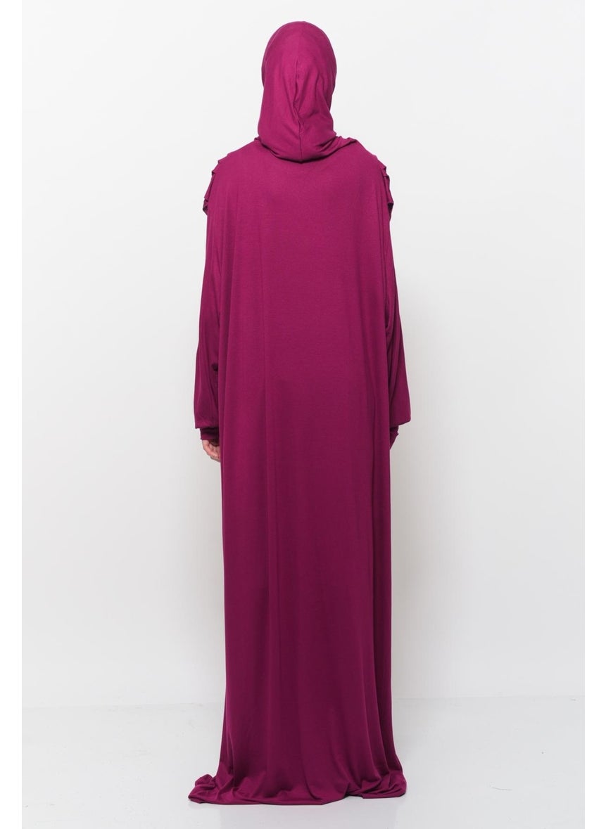 Altobeh Practical One Piece Cotton Bat Sleeves Removable Organic Hijab Prayer Dress with Headscarf - Dark Fuchsia  - Image 5