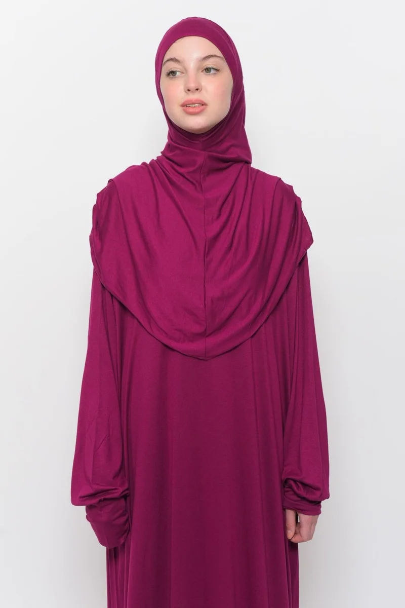 التوبة Practical One Piece Cotton Bat Sleeves Removable Organic Hijab Prayer Dress with Headscarf - Dark Fuchsia