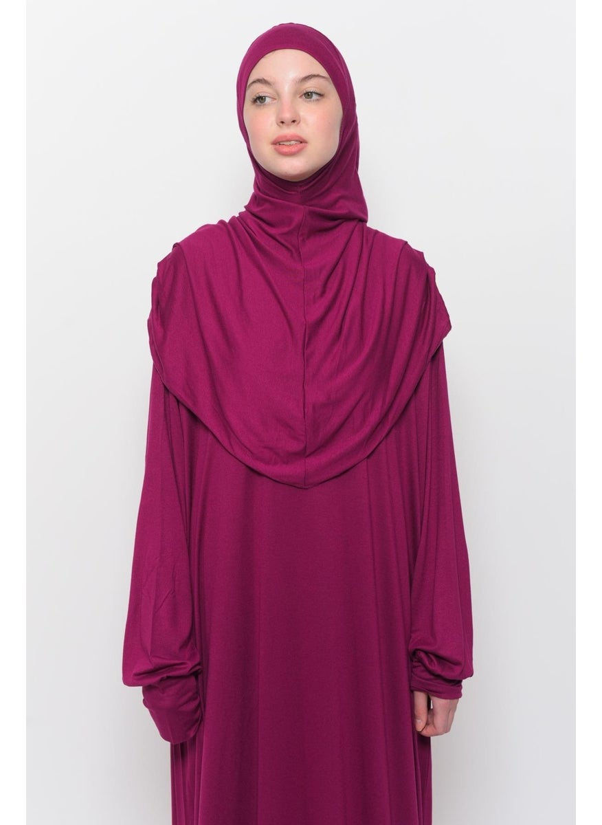 Altobeh Practical One Piece Cotton Bat Sleeves Removable Organic Hijab Prayer Dress with Headscarf - Dark Fuchsia  - Image 4
