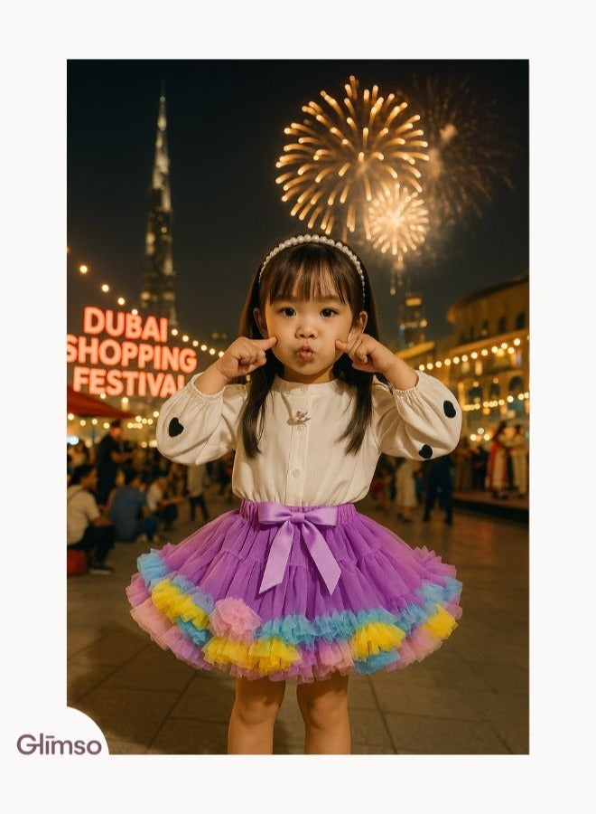 Glimso Women tutu skirt Festival Fluffy Layered Tulle Skirt Ladies Dance Party Rainbow Ruffle Trim Elastic Waist Costume Ballet Underskirt Puffy Skater Purple L  - Image 2