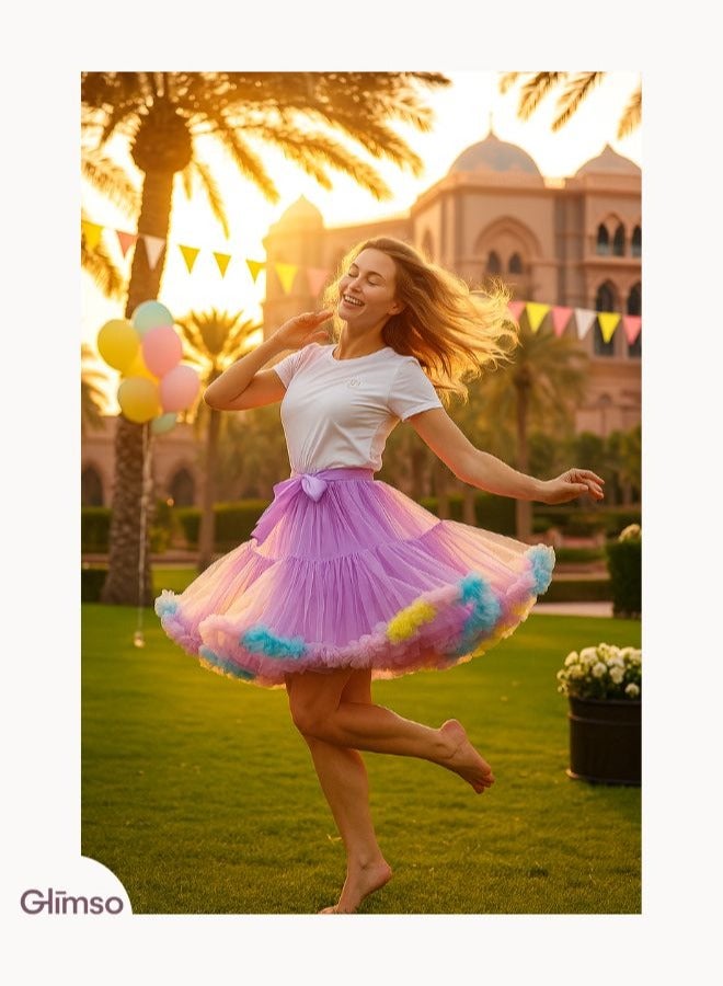Glimso Women tutu skirt Festival Fluffy Layered Tulle Skirt Ladies Dance Party Rainbow Ruffle Trim Elastic Waist Costume Ballet Underskirt Puffy Skater Purple L  - Image 1