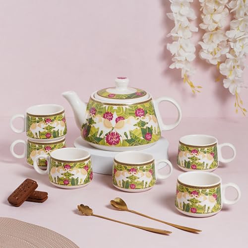 CRAF10 Ceramic Handcrafted Royal Elephant Printed Tea Morning Set - 1 Kettle (1 Litre) & 6 Cups (160 ML) | Microwave & Dishwasher Safe | Teapot | Tea Sets with Kettle for Gifting - Image 1