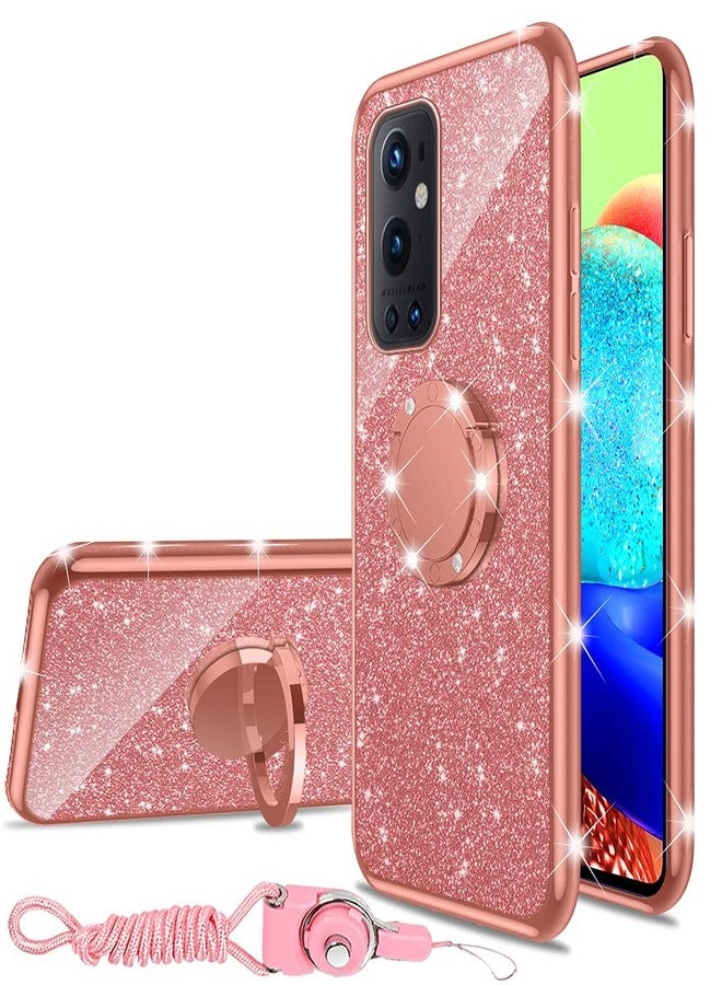 nancheng جراب نانتشنغ لهاتف ون بلس 9 برو 5G (2021) - غطاء TPU ناعم لامع بتصميم أنيق للبنات والسيدات، مزود بحلقة وحامل وحبل تعليق، مقاوم للصدمات - لون ذهبي وردي - Image 1