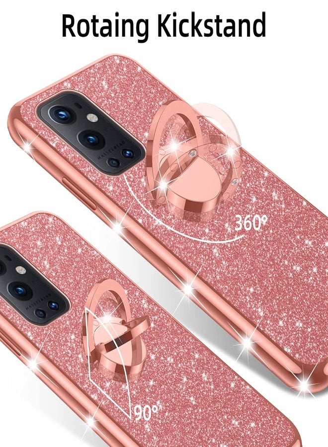 nancheng جراب نانتشنغ لهاتف ون بلس 9 برو 5G (2021) - غطاء TPU ناعم لامع بتصميم أنيق للبنات والسيدات، مزود بحلقة وحامل وحبل تعليق، مقاوم للصدمات - لون ذهبي وردي - Image 4