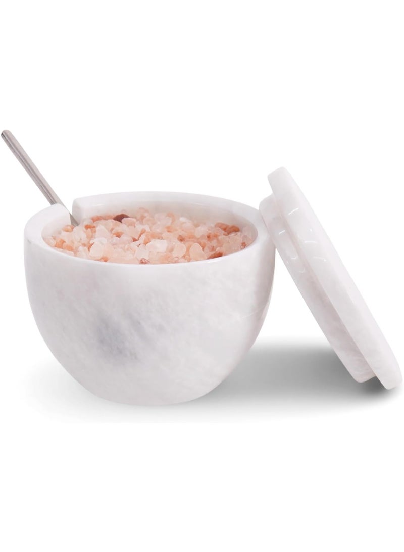 MK White Marble Salt Cellar with Lid & Spoon | 4.7 oz Handmade Spice & Sugar Container for Countertop - Image 1