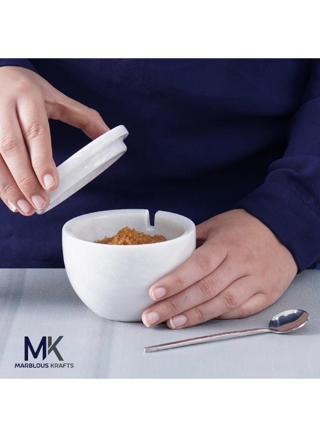 MK White Marble Salt Cellar with Lid & Spoon | 4.7 oz Handmade Spice & Sugar Container for Countertop - Image 2